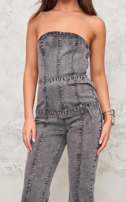 Washed Grey Buckle Detail Straight Leg Denim Jumpsuit