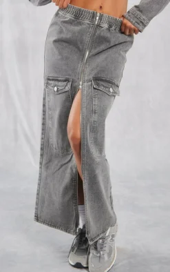 Washed Grey Cargo Pocket Zip Front Midi Denim Skirt