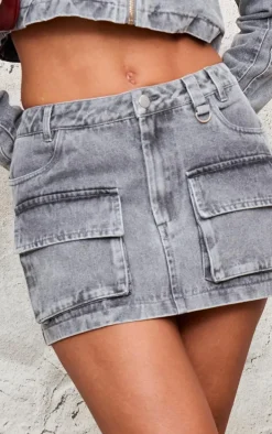 Washed Grey Cargo Pocket Detail Denim Mini Skirt