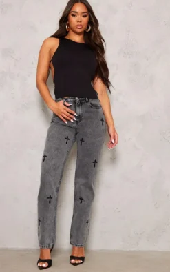 Washed Grey Cross Print Long Leg Straight Leg Jeans