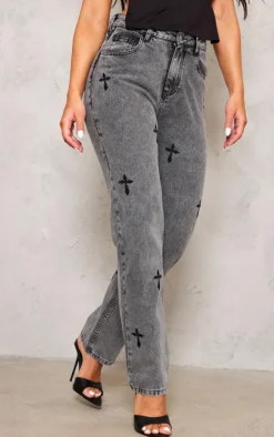 Washed Grey Cross Print Long Leg Straight Leg Jeans