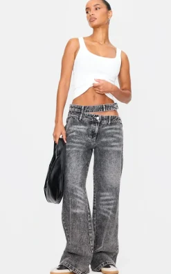 Washed Grey Cut Out Asymmetric Waistband Wide Leg Jeans