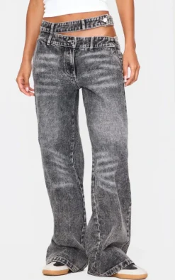 Washed Grey Cut Out Asymmetric Waistband Wide Leg Jeans