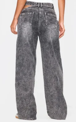 Washed Grey Cut Out Asymmetric Waistband Wide Leg Jeans