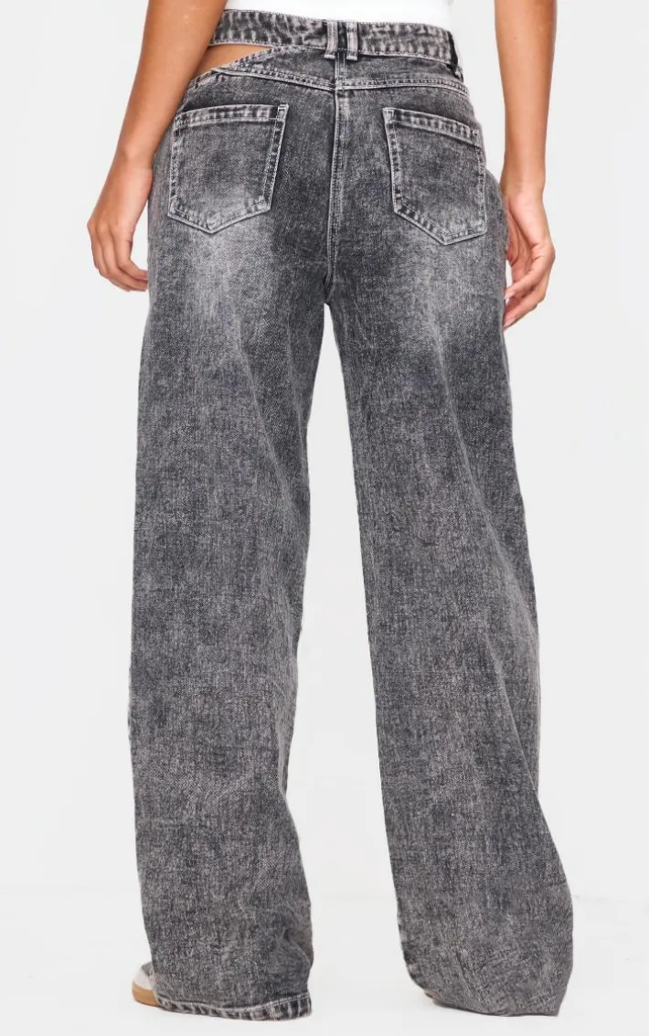 Washed Grey Cut Out Asymmetric Waistband Wide Leg Jeans