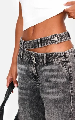Washed Grey Cut Out Asymmetric Waistband Wide Leg Jeans