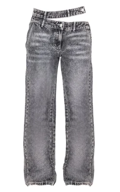 Washed Grey Cut Out Asymmetric Waistband Wide Leg Jeans