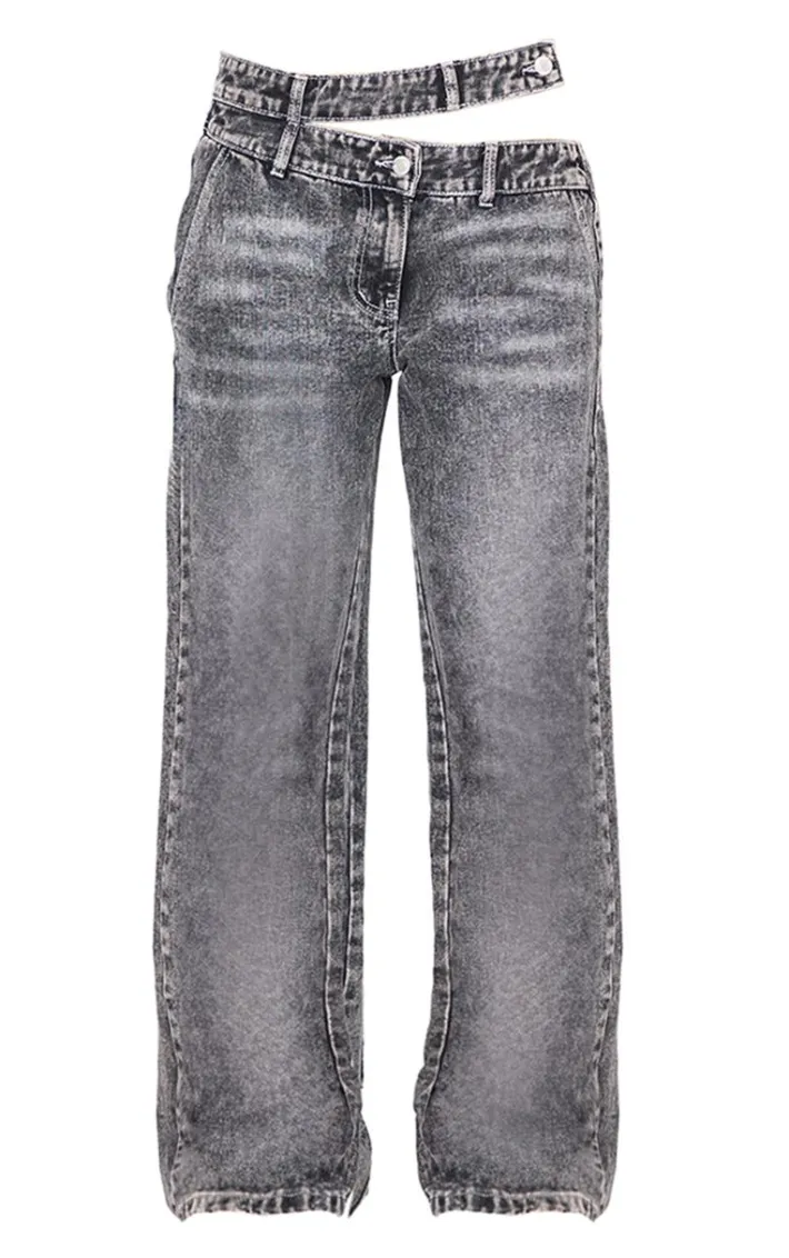 Washed Grey Cut Out Asymmetric Waistband Wide Leg Jeans