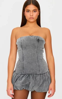 Washed Grey Denim Bandeau Puffball Mini Dress