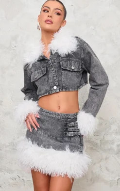 Washed Grey Denim Cropped Faux Fur Trim Detail Jacket
