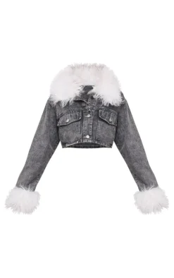 Washed Grey Denim Cropped Faux Fur Trim Detail Jacket
