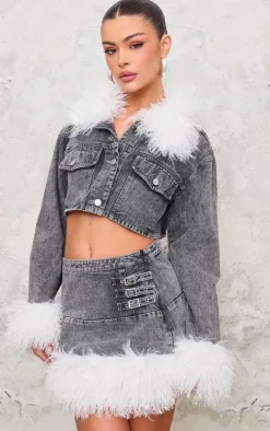 Washed Grey Denim Mini Skirt With Fur Trims