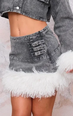 Washed Grey Denim Mini Skirt With Fur Trims
