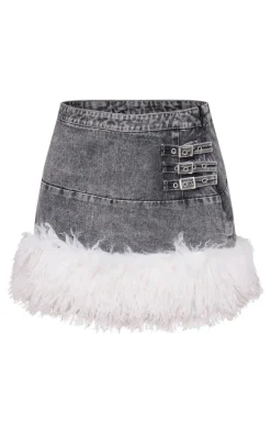 Washed Grey Denim Mini Skirt With Fur Trims