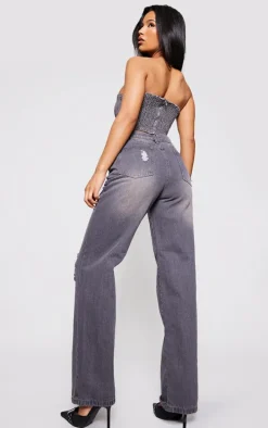 Washed Grey Detachable Bandeau Denim Jumpsuit