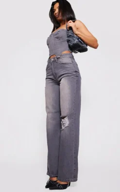 Washed Grey Detachable Bandeau Denim Jumpsuit