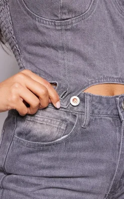 Washed Grey Detachable Bandeau Denim Jumpsuit