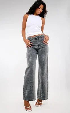 Washed Grey Diamante Front Straight Leg Jeans