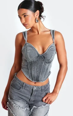 Washed Grey Dip Hem Bust Cup Denim Corset