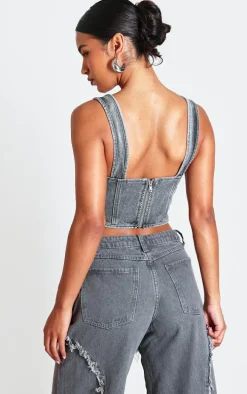 Washed Grey Dip Hem Bust Cup Denim Corset
