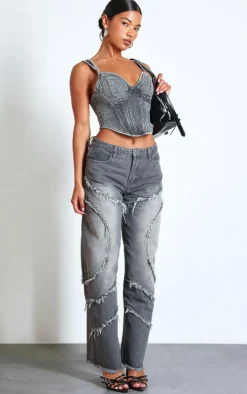 Washed Grey Dip Hem Bust Cup Denim Corset
