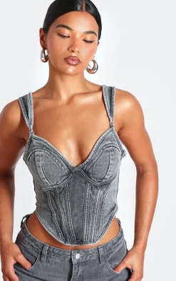 Washed Grey Dip Hem Bust Cup Denim Corset