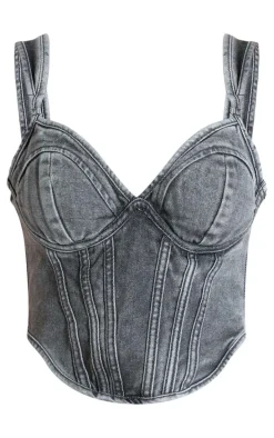Washed Grey Dip Hem Bust Cup Denim Corset