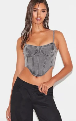 Washed Grey Dipped Hem Denim Corset