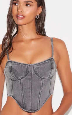 Washed Grey Dipped Hem Denim Corset
