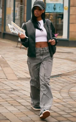 Washed Grey Distressed Cross Detail Straight Leg Denim Jeans