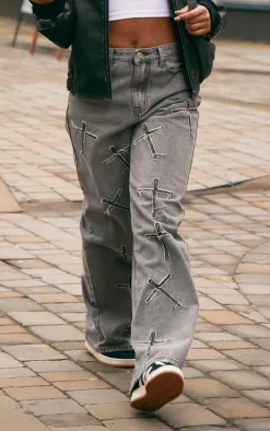 Washed Grey Distressed Cross Detail Straight Leg Denim Jeans