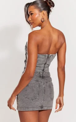Washed Grey Distressed Cup Denim Corset Top
