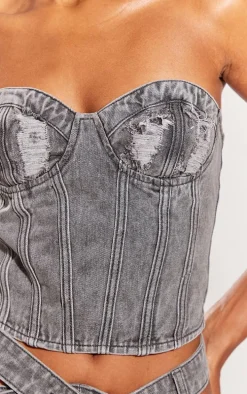 Washed Grey Distressed Cup Denim Corset Top
