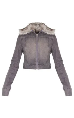 Washed Grey Faux Fur Trim Denim Biker Jacket