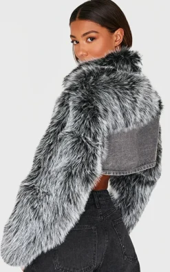 Washed Grey Faux Fur Trim Cropped Denim Jacket