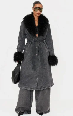 Washed Grey Faux Fur Trim Belted Trench Coat