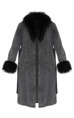 Washed Grey Faux Fur Trim Belted Trench Coat