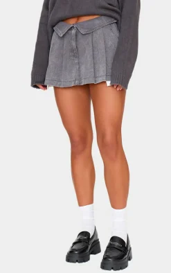 Washed Grey Foldover Waistband Denim Pleated Mini Skirt