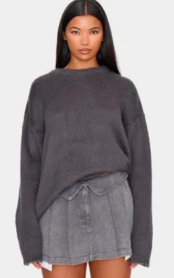 Washed Grey Foldover Waistband Denim Pleated Mini Skirt