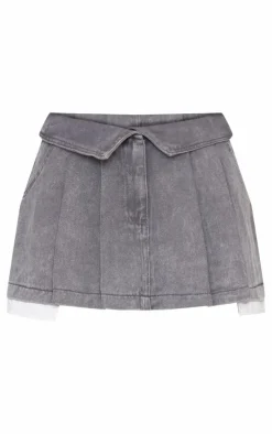 Washed Grey Foldover Waistband Denim Pleated Mini Skirt