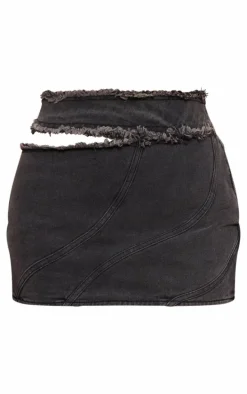 Washed Grey Frayed Edge Cut Out Mini Skirt
