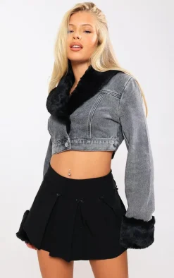 Washed Grey Fur Trim Cropped Denim Jacket