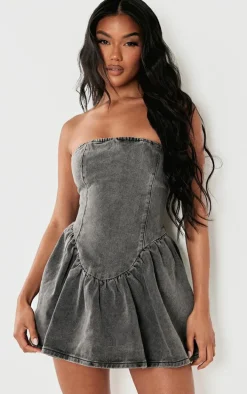 Washed Grey Lace Up Back Denim Puffball Dress
