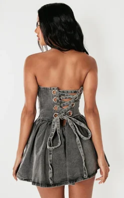 Washed Grey Lace Up Back Denim Puffball Dress