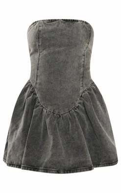 Washed Grey Lace Up Back Denim Puffball Dress