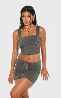 Washed Grey Lace Up Detail Denim Cropped Top