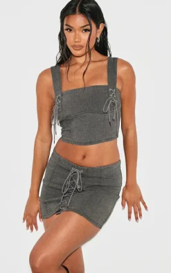 Washed Grey Lace Up Front Denim Mini Skirt