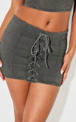 Washed Grey Lace Up Front Denim Mini Skirt