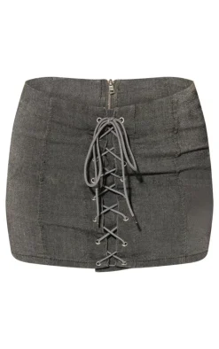 Washed Grey Lace Up Front Denim Mini Skirt