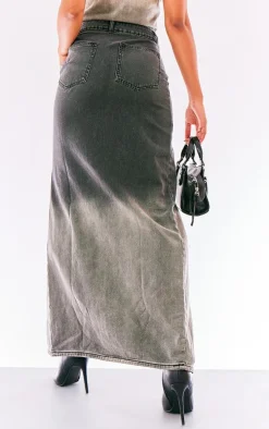 Washed Grey Ombre Denim Maxi Skirt